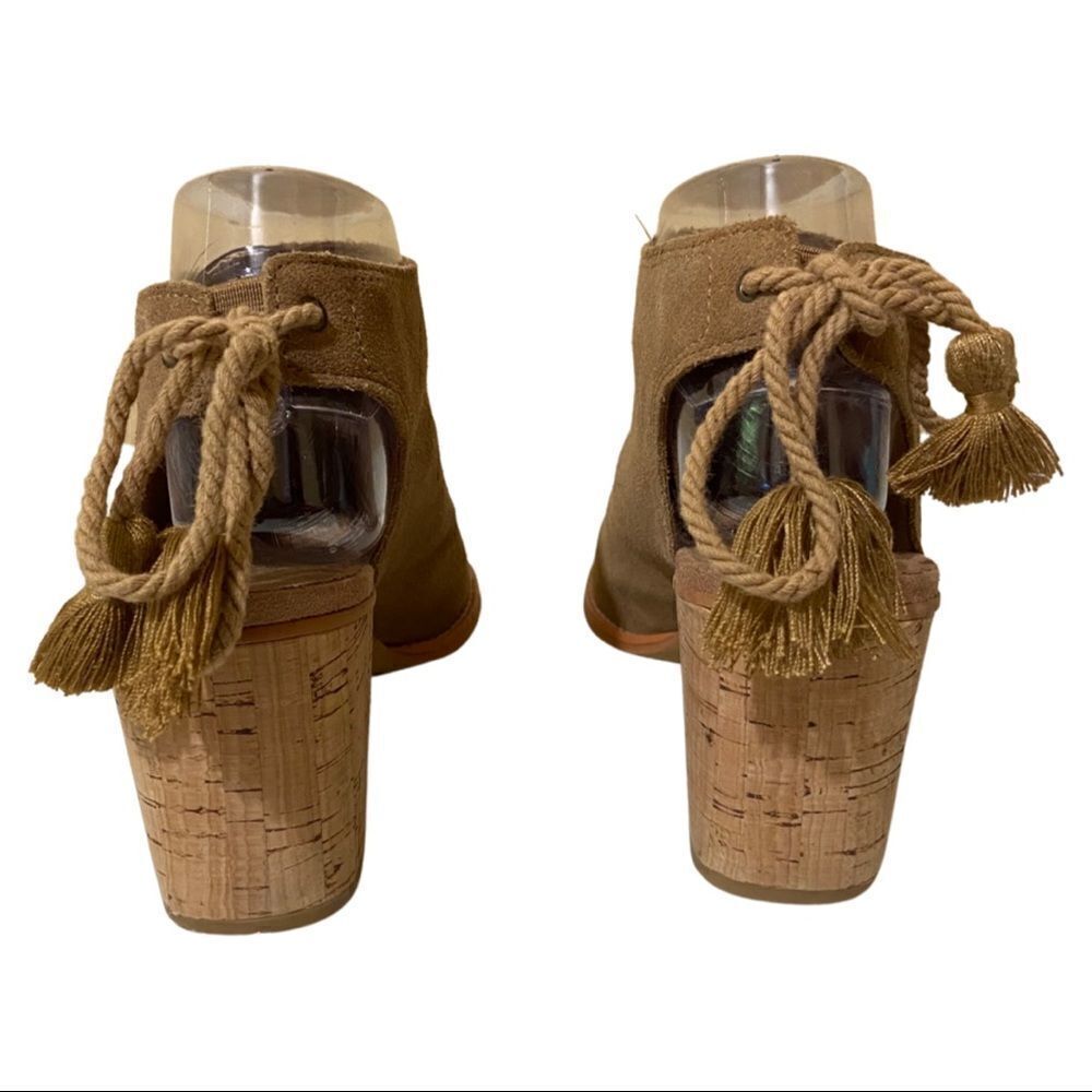 TOMS Tan Elba Suede Perforated Peep Toe Heeled Sandal - Picture 4 of 9